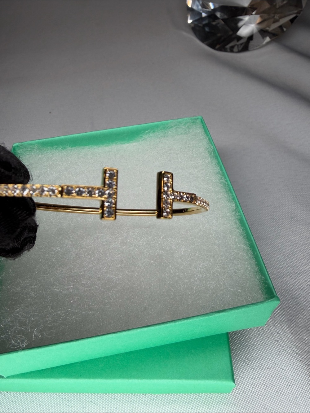Gold Pavé T-Bar Open Cuff Bracelet with Clear Crystals